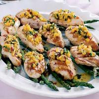 Seared chicken & asparagus with mango salsa image