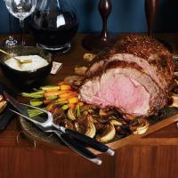 Mustard-Seed-Crusted Prime Rib Roast with Roasted Balsamic Onions image