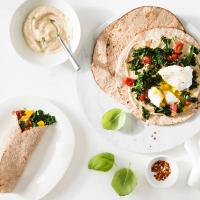 Egg, Kale, and Tomato Breakfast Wraps with Hummus image