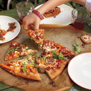 Pizza with Turkey Sausage, Orange Peppers, and Arugula_image