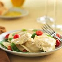 Quattro Formaggi Agnolotti with Snow Peas and Cherry Tomatoes_image
