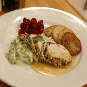 Herbed Turkey Breast in Gravy with Creamed English Peas and Cranberry Compote image