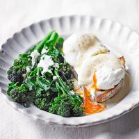 Purple sprouting broccoli, poached eggs & hollandaise image