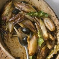 Roasted shallots with olives, bay & balsamic image