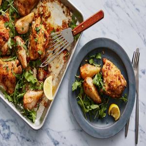 Sheet-Pan Roasted Chicken With Pears and Arugula image
