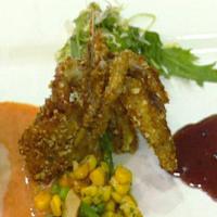 Soft Shell Crabs with Corn Relish, Field Greens and Roasted Red Pepper Sauce image