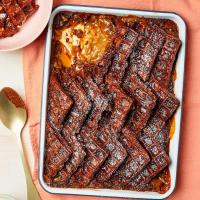 Chocolate & salted caramel waffle bread & butter pudding image
