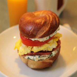 Jersey Ham, Egg, Bagel and Herb Cream Cheese Breakfast Sandwich image