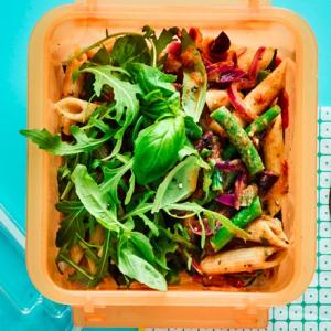 Green bean & penne salad with tomato and olive dressing image