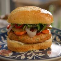 Salmon Burgers with Spicy Quick-Pickled Vegetables image