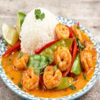 Thai Red Curry Shrimp with jasmine rice and snow peas_image