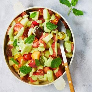 Salad of melon & tomatoes with mint & elderflower dressing_image