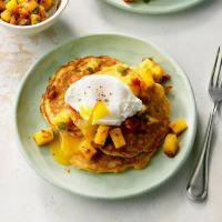 Corn Cakes with Poached Eggs and Mango Salsa image