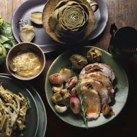 Rosemary and Mustard Pork Loin with Baby Artichokes, Shallots, and Vermouth Jus_image