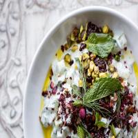Cucumber Yogurt Salad With Dill, Sour Cherries and Rose Petals image