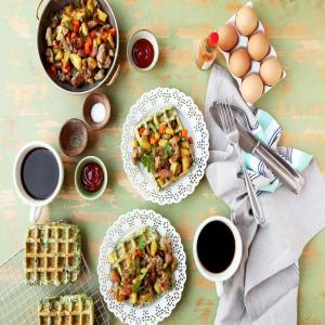 Green Spinach and Zucchini Waffles With Sausage and Potato Hash image