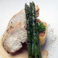 Breast of Chicken on Pumpkin/Cranberry Rissole with White Chocolate Balsamic Sauce and Asparagus_image