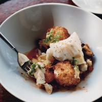 Cod with Mussels, Chorizo, Fried Croutons, and Saffron Mayonnaise image