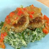 Cod Croquettes, Sweet Red Pepper Gravy, and Mashed Potatoes with Spinach image