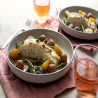 Braised Halibut With Asparagus, Baby Potatoes and Saffron image