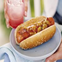 Grilled Hot Dogs with Mango Chutney and Red Onion Relish image