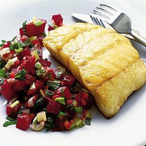 Panfried fish with fresh beetroot salsa image