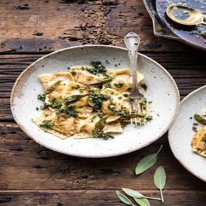 Butternut Squash Cheese Ravioli with Browned Butter Sage Pesto._image