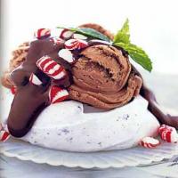 Chocolate Chip Meringues with Ice Cream, Peppermint Candies and Chocolate-Mint Sauce image