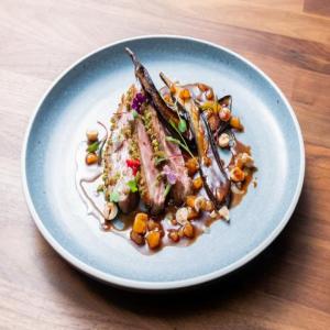 Cumin Cilantro Duck Breast with Apricot Jus and Japanese Eggplant image