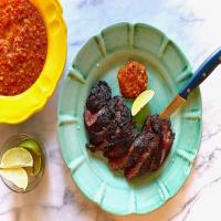 Grilled Hanger Steaks with Roasted Garlic Romesco Sauce_image