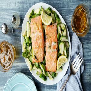 Air Fryer Miso Glazed Salmon With Brussels Sprouts image