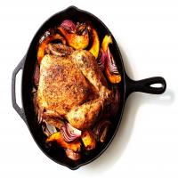 Cast-Iron Roast Chicken with Winter Squash, Red Onions, and Pancetta image