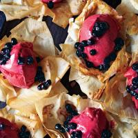 Phyllo Flowers with Sorbet and Blueberries_image
