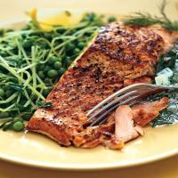 Salmon with Peas, Pea Tendrils, and Dill-Cucumber Sauce image