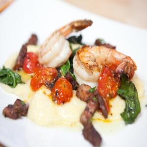 Deconstructed Roasted Tomato Grits and Shrimp, with Sauteed Baby Mustard Greens and Bacon 