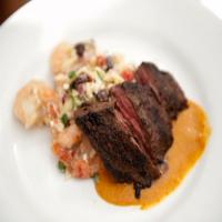 Grilled Skirt Steak with Sweet Roasted Tomato Sauce and Roasted Shrimp, Black Bean and Orzo Salad_image