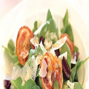 Arugula Salad with Olives, Pancetta, and Parmesan Shavings_image