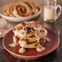 Cinnamon Bun Pancakes with Maple Cream Cheese Glaze image