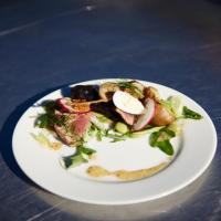 Seared Tuna Salad with Herbes de Provence, Grilled Fingerling Potatoes, Hickory Smoked Salt & Shaved Asparagus Salad image