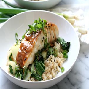Miso Soy Glazed Halibut with Brown Rice and Bok Choy | Dash of Savory_image