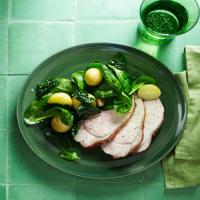 Roasted Pork Loin with Potatoes and Greens image