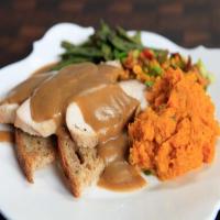 Soy and Cider Brined Turkey on Toast Points with Maple-Soy Gravy_image