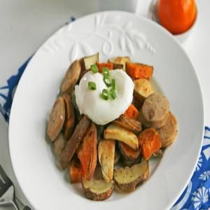 Roasted Two-Potato and Sausage Hash with Poached Eggs_image