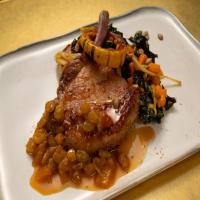 Seared Pork Chop with Fennel Pollen, Apple Cider Sauce, Roasted Delicata Squash, Tuscan Kale, Pancetta, Fennel and Butternut Squash_image
