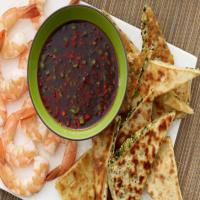 Sweet-and-Spicy Asian Dipping Sauce with Sesame-Scallion Flatbread and Shrimp image