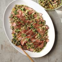 Grilled Flank Steak with Olive and Herb Sauce image