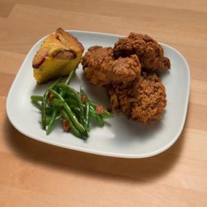 Fried Chicken with Plum Cornbread and Bacon Green Beans image