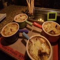 Caramelized Onion Soup With Swiss Cheese & Basil Croutons image
