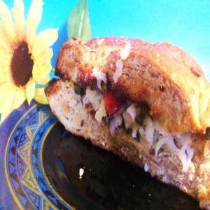 Roasted Pepper and Mozzarella Sandwich With Basil Puree image