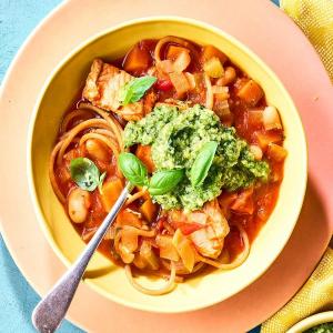 Salmon spaghetti soup with broccoli pesto image